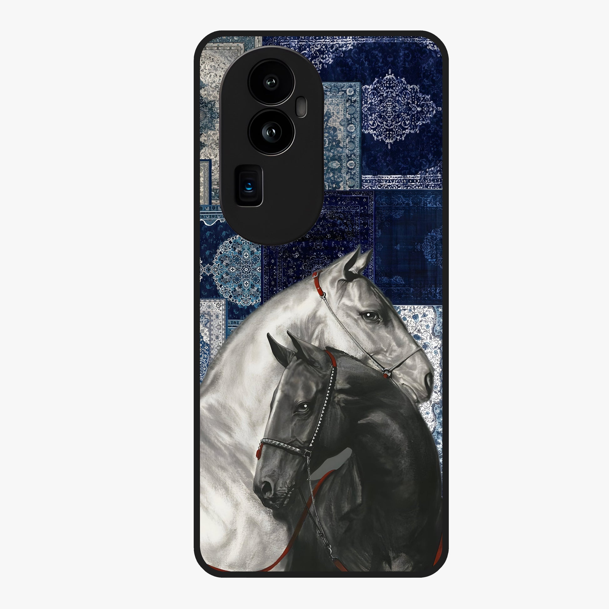 Midnight Stallion Blues Glass Case showing flat back view with majestic horse artwork and glossy glass finish.