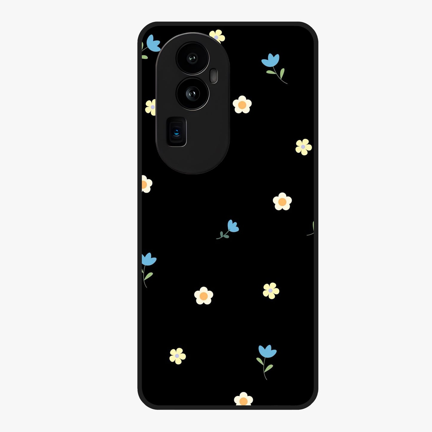 Minimalistic Blue With White Flower Pattern Glass Case showing flat back view with blue background and white flower pattern and glossy glass finish.