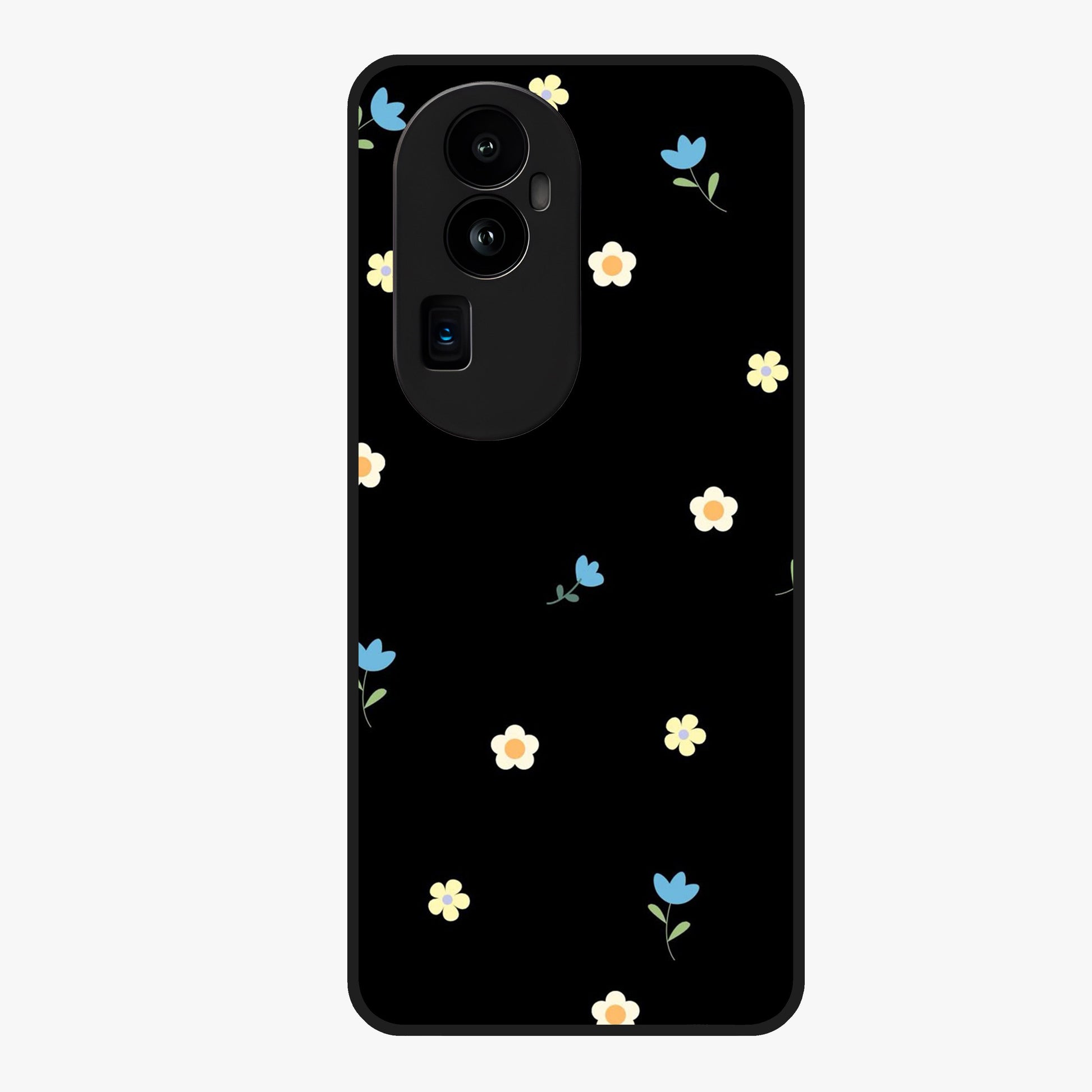 Minimalistic Blue With White Flower Pattern Glass Case showing flat back view with blue background and white flower pattern and glossy glass finish.