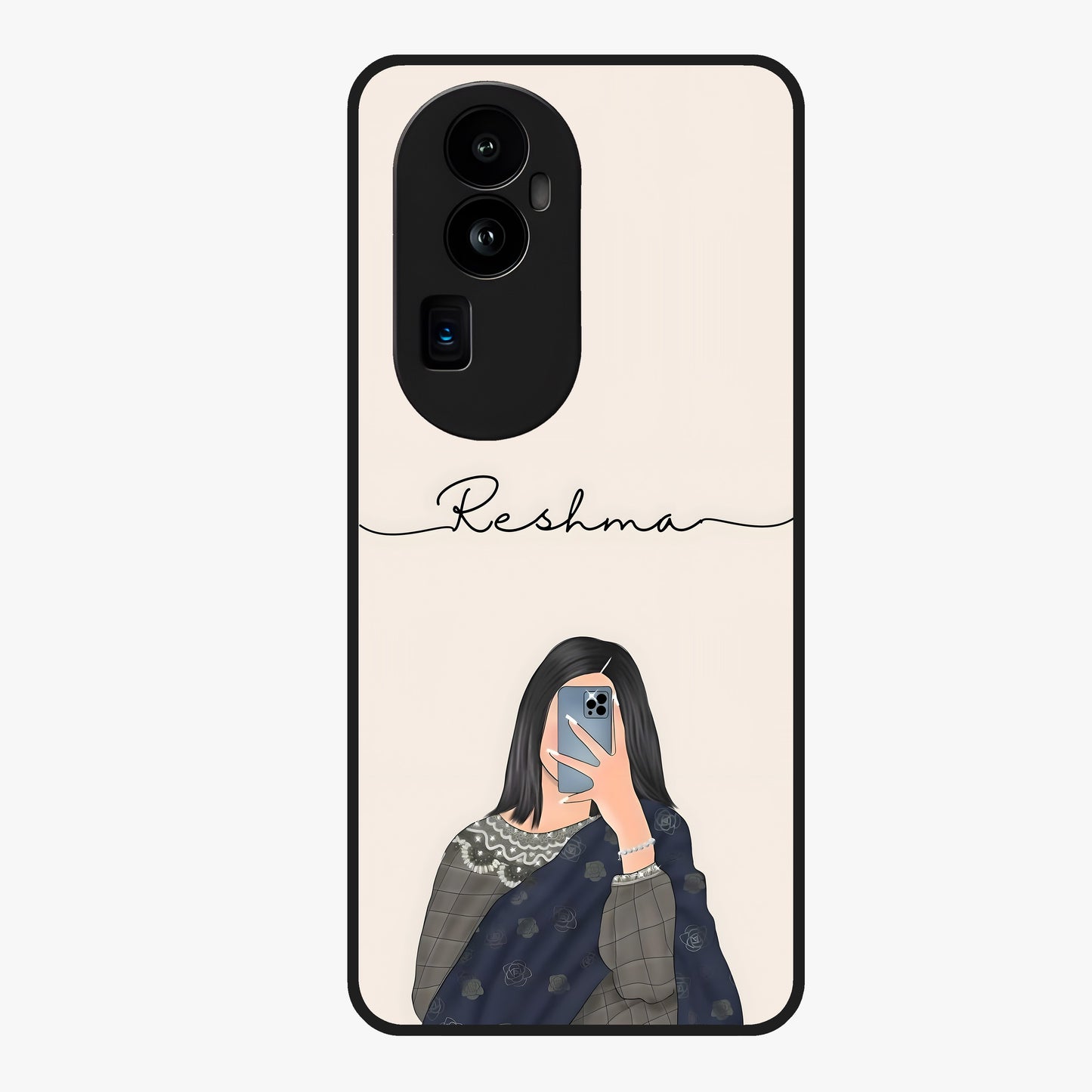 Mirror Mood Muse With Custom Name Glass Case showing flat back view with stylish mirrored artwork and personalized name design.