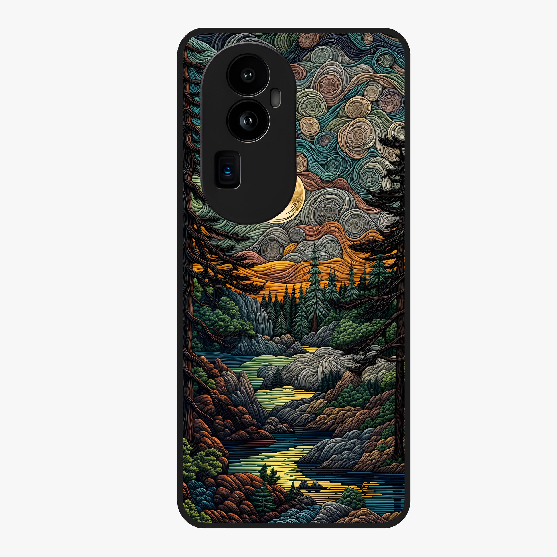 Moonlight Forest Dream Glass Case showing flat back view with mystical forest moonlight artwork and glossy glass finish.