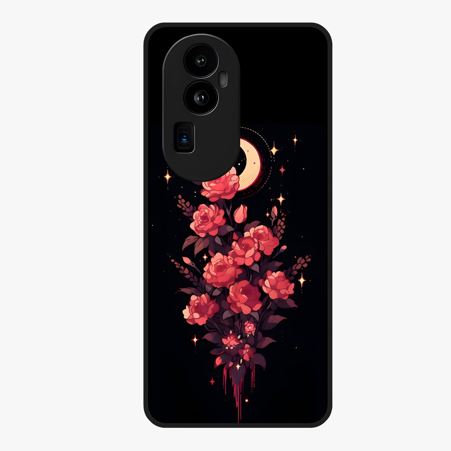 Moonlit Floral Elegance Glass Case showing flat back view with elegant floral artwork under moonlit tones and glossy glass finish.
