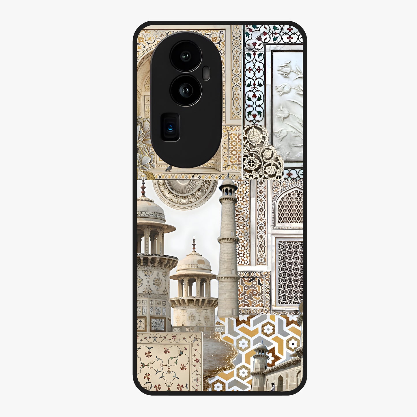 Mughal Marble Legacy Glass Case showing flat back view with intricate Mughal inspired marble pattern and glossy glass finish.