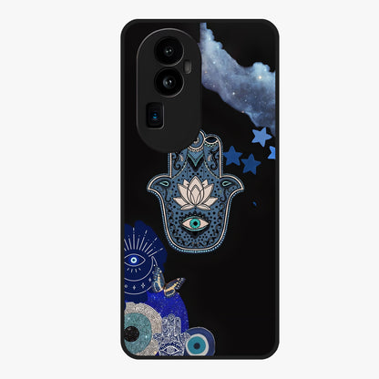 Mystic Hand Aura Glass Case showing flat back view with mystical hand symbol artwork and glossy glass finish.