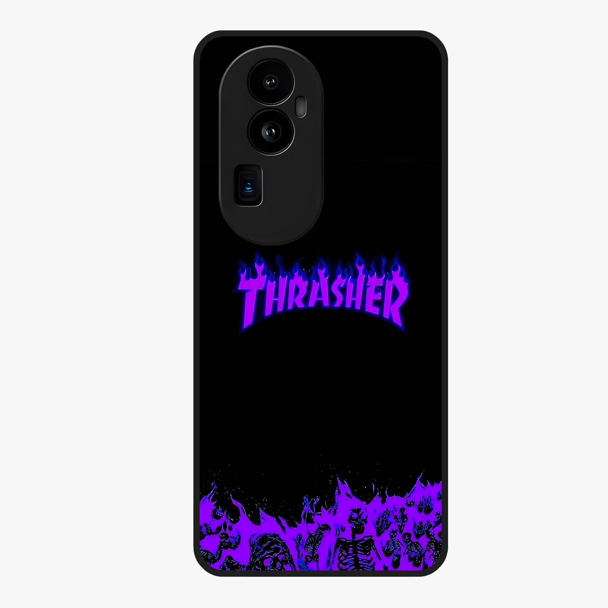 Neon Flame Riot Glass Case showing flat back view with neon flame artwork and glossy glass finish.