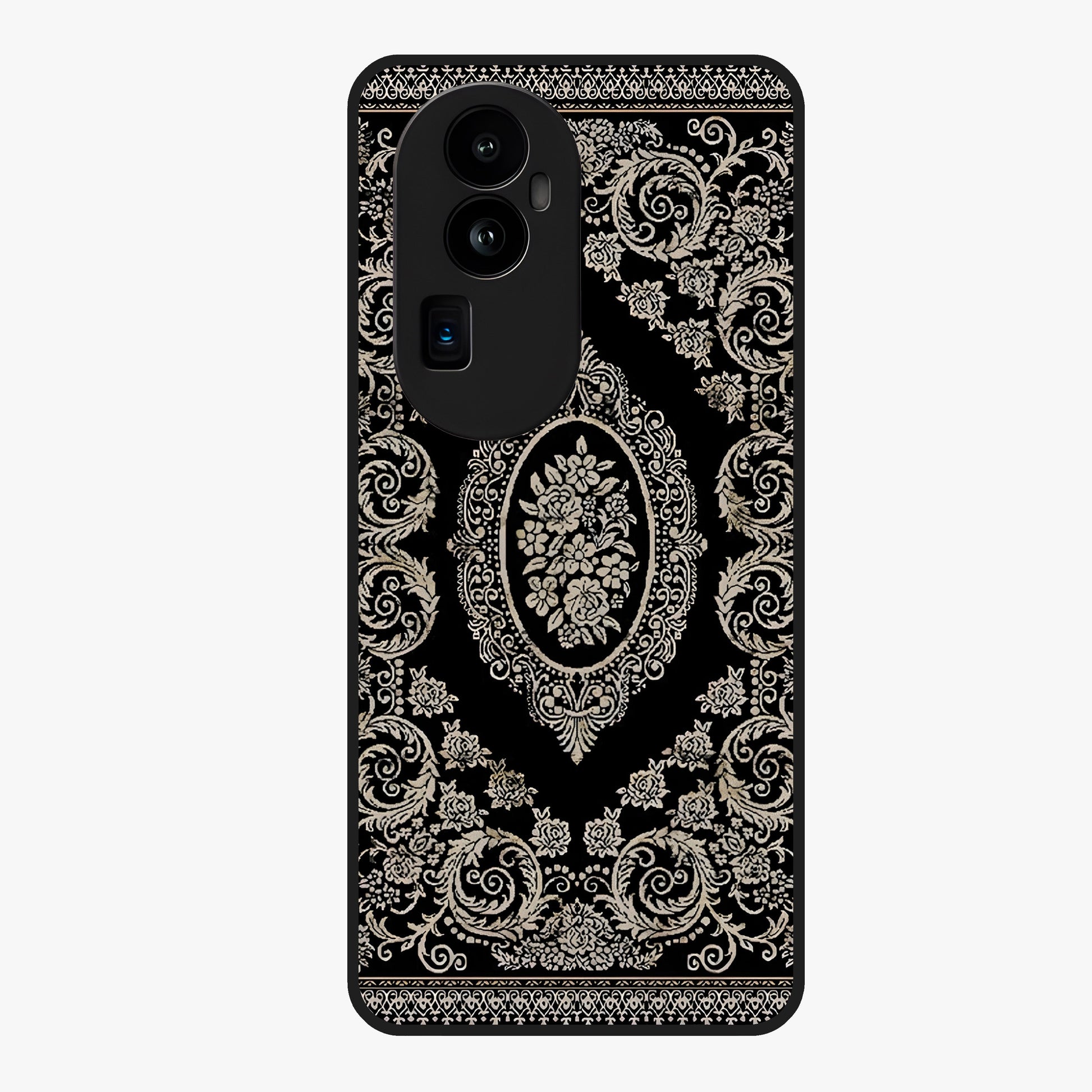Noir Bloom Elegance Glass Case showing flat back view with elegant dark floral artwork and glossy glass finish.