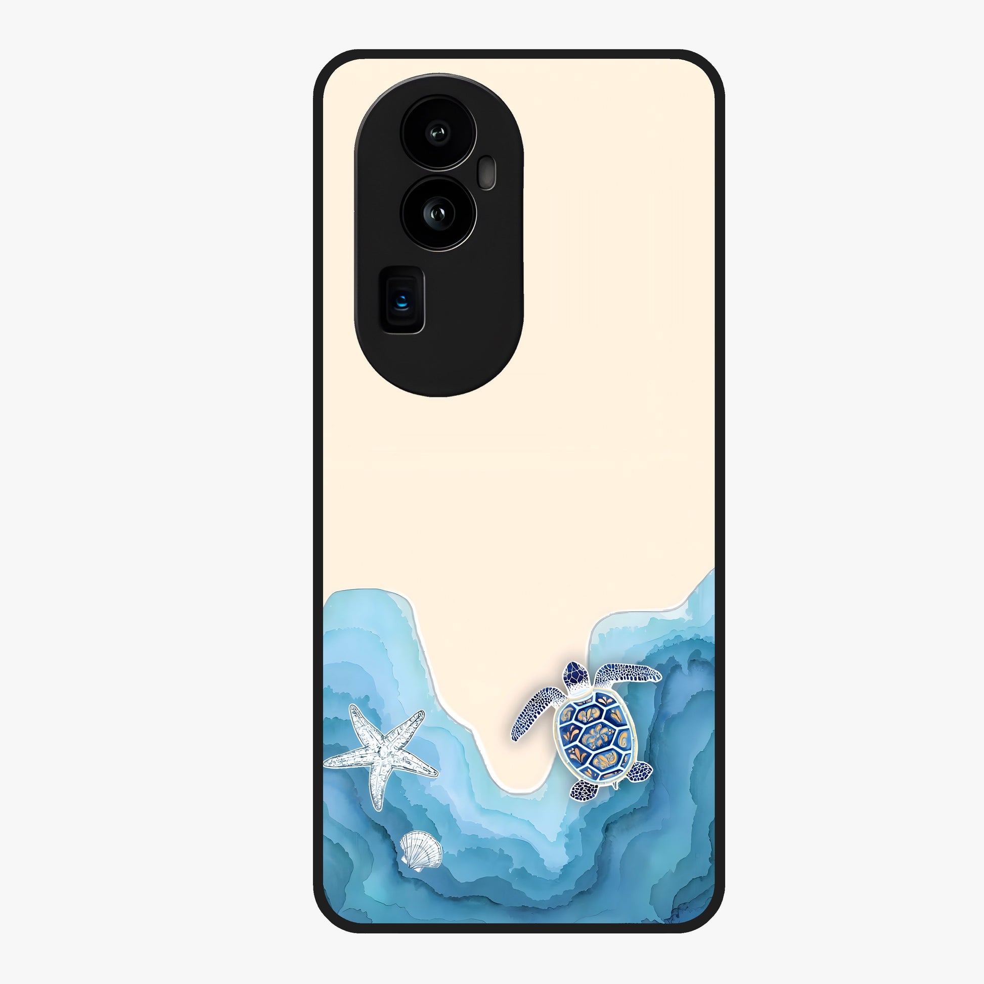 Ocean Drift Turtle Glass Case showing flat back view with sea turtle artwork and glossy glass finish.