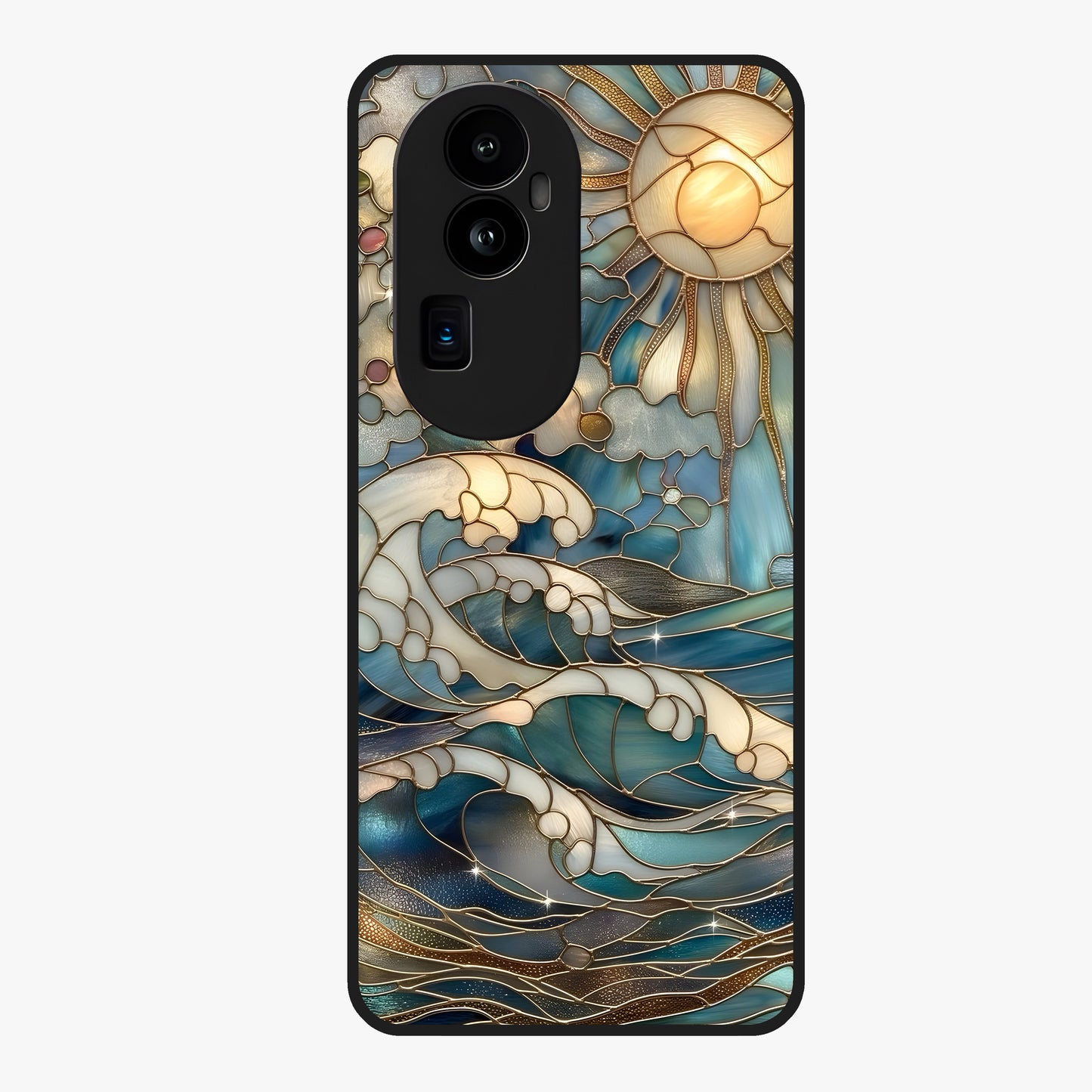 Oceanic Stained Printed Glass Case showing flat back view with ocean inspired stained pattern artwork and glossy glass finish.