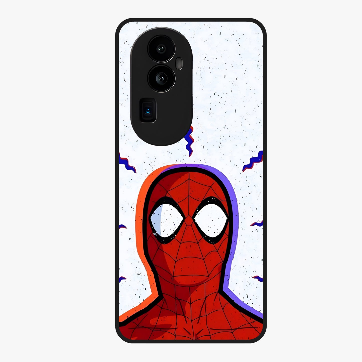Omg Spiderman Glass Case showing flat back view with bold superhero inspired artwork and glossy glass finish.