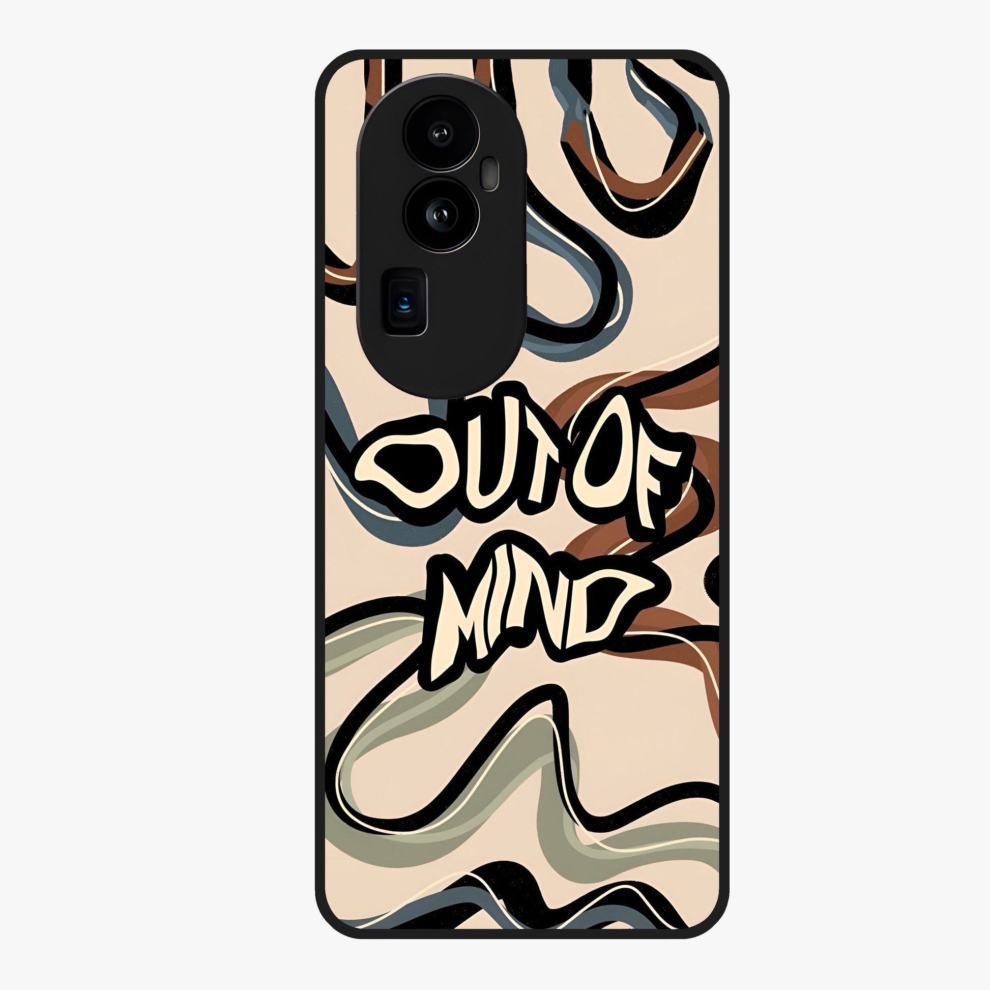 Out Of Mind Glass Case showing flat back view with expressive typography artwork and glossy glass finish.