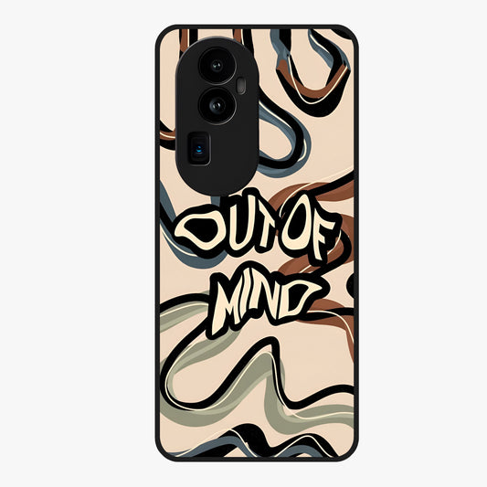 Out Of Mind Glass Case showing flat back view with expressive typography artwork and glossy glass finish.