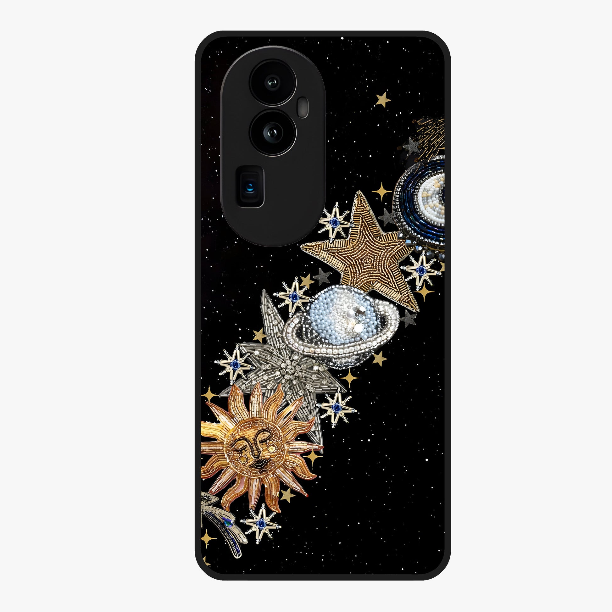 Pearls Universe Object Glass Case showing flat back view with pearl inspired cosmic artwork and glossy glass finish.