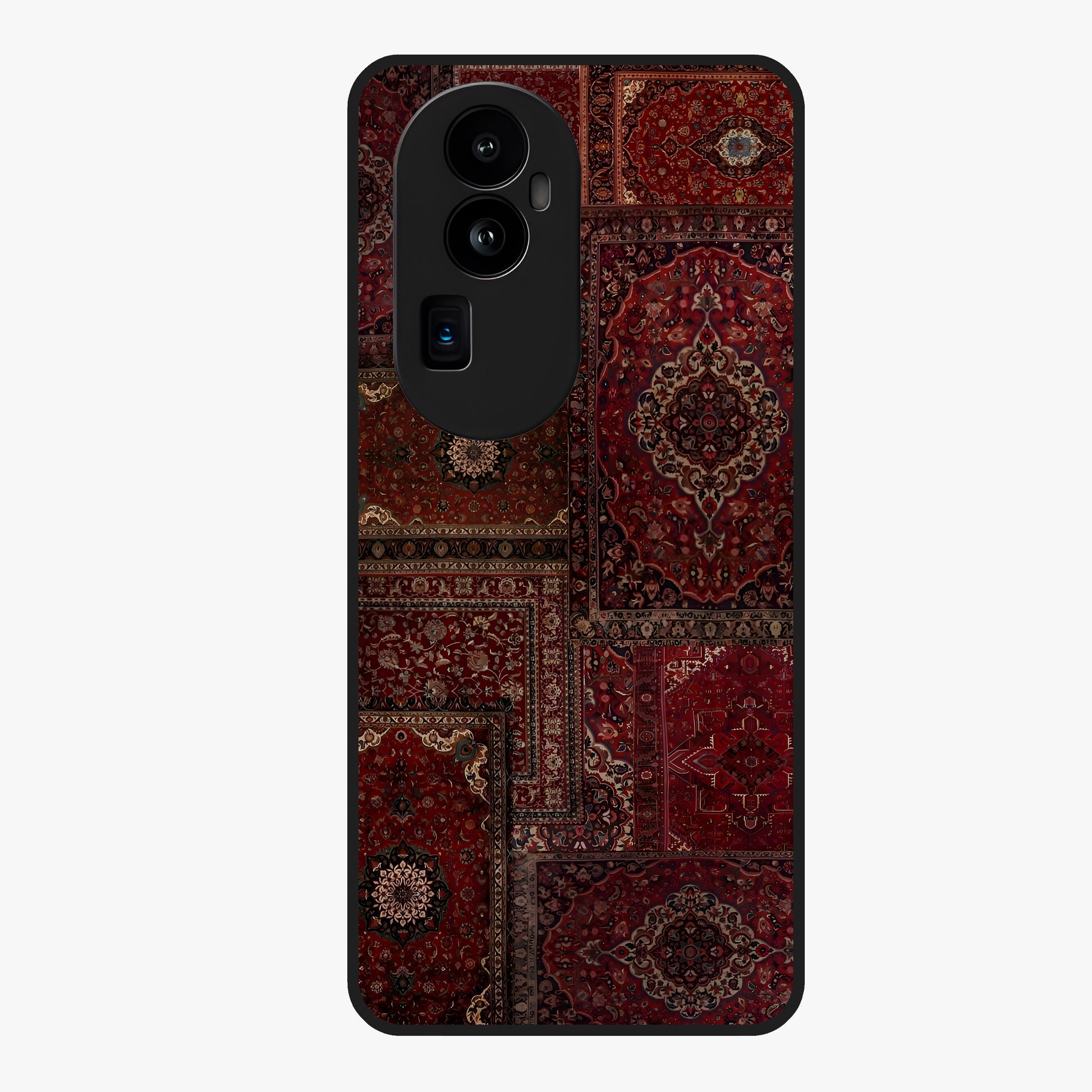 Persian Velvet Tale Glass Case showing flat back view with luxurious Persian velvet pattern artwork and glossy glass finish.