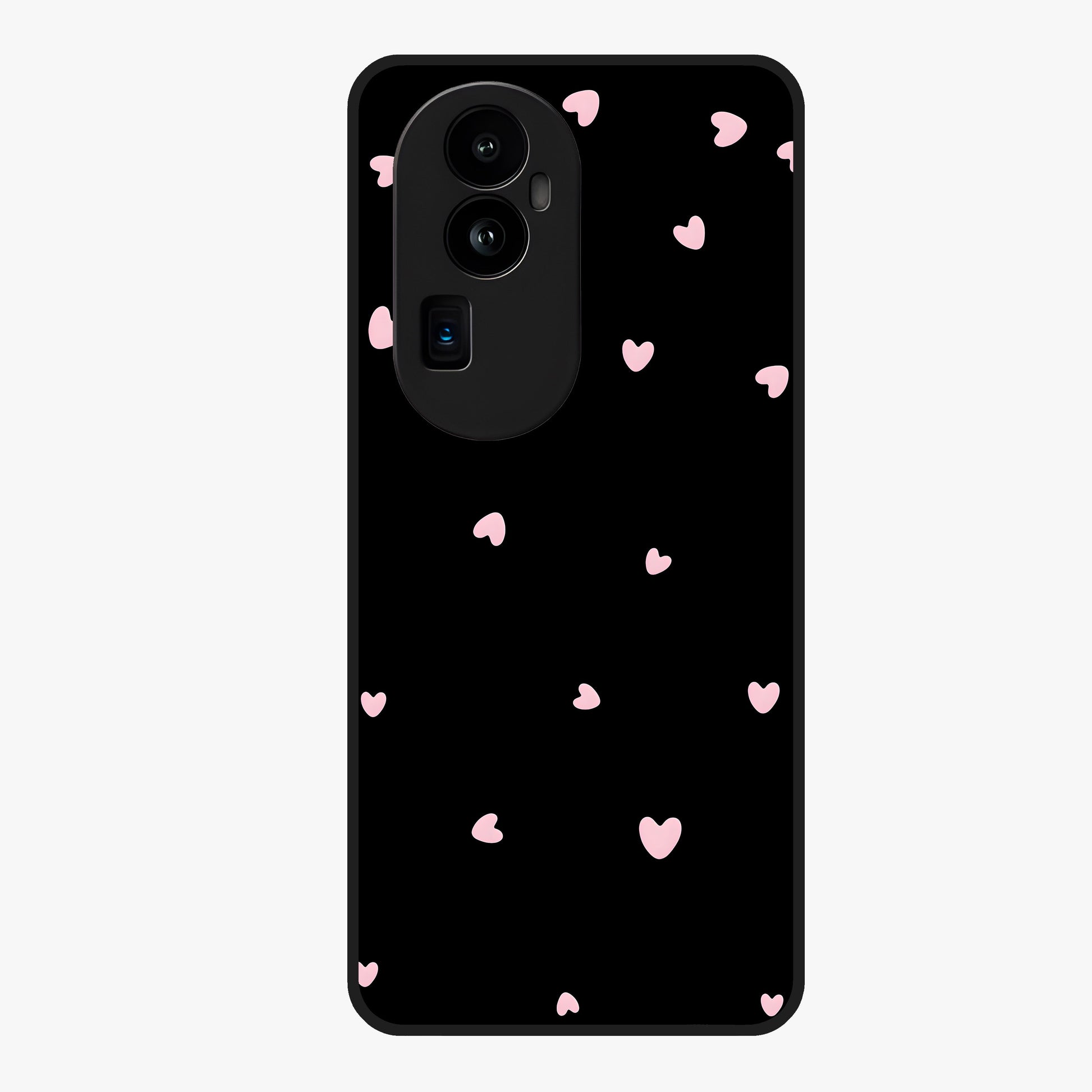 Pink Love Drops Glass Case showing flat back view with playful pink heart drops artwork and glossy glass finish.