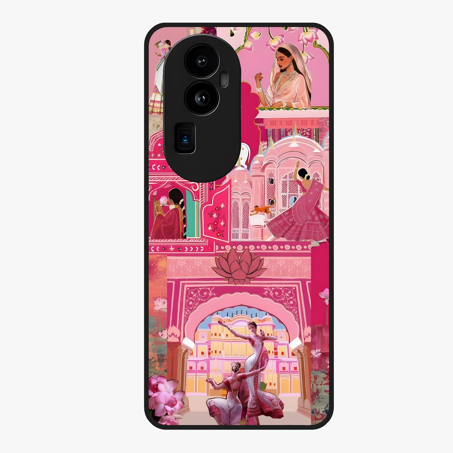 Pink Palace Muse Glass Case showing flat back view with elegant palace inspired artwork and glossy glass finish.