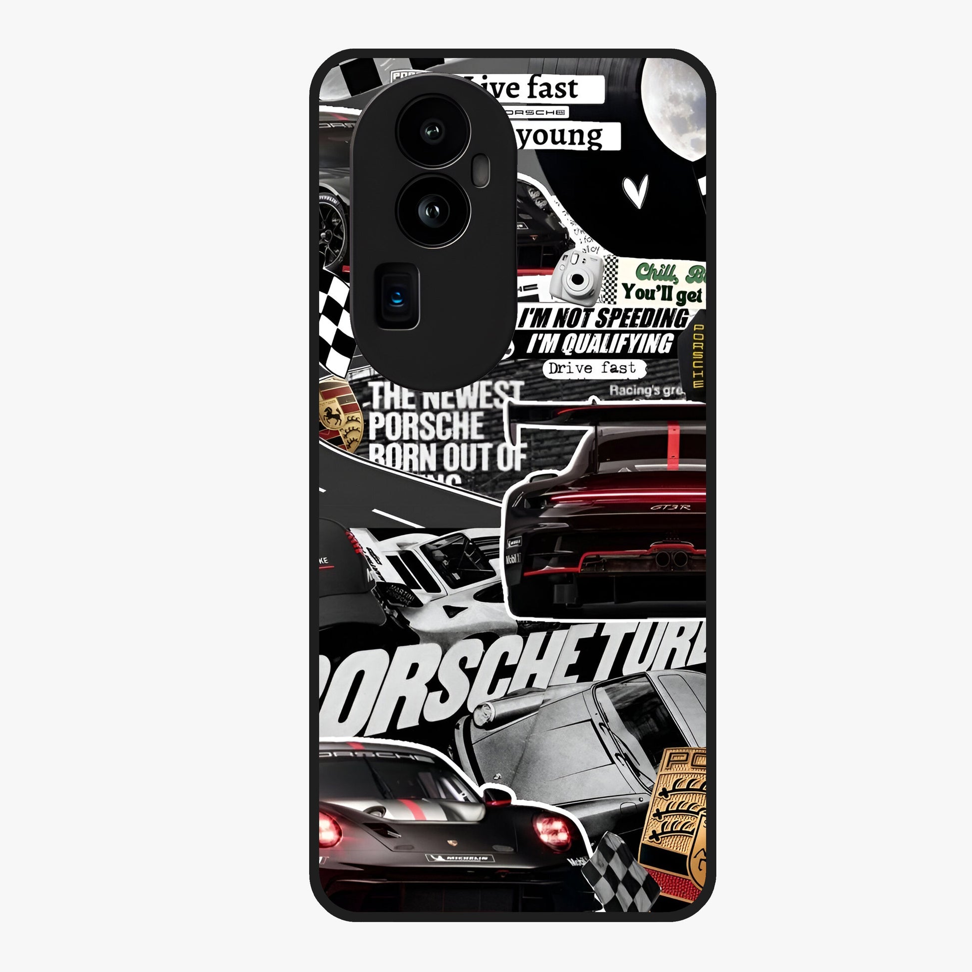 Porsche Racing Collage Glass Case showing flat back view with sports car racing collage artwork and glossy glass finish.