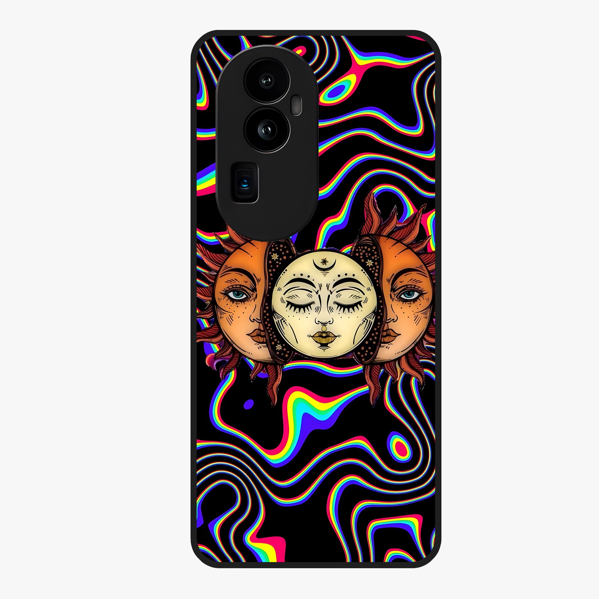 Psychedelic Sun Glass Case showing flat back view with colorful psychedelic sun artwork and glossy glass finish.
