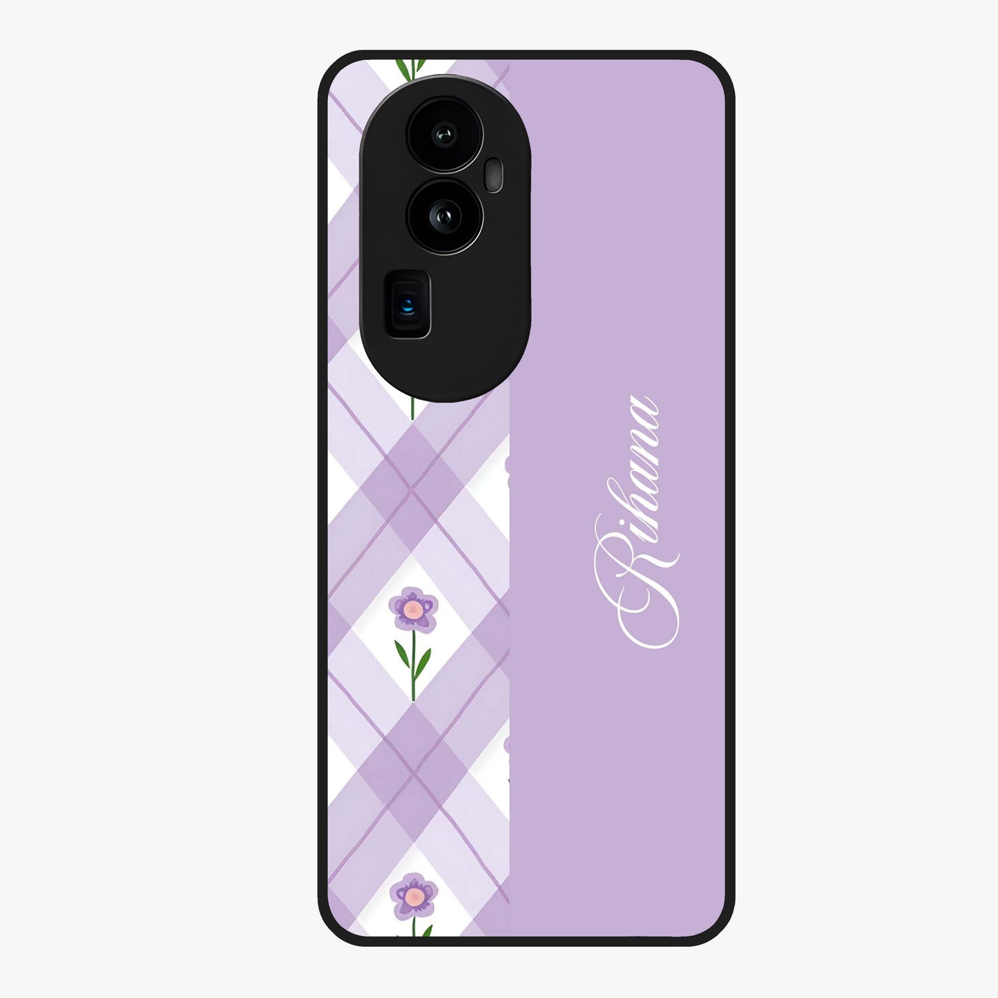 Purple Diamond Floral Glass Case showing flat back view with diamond shaped floral artwork and glossy glass finish.