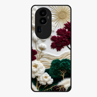 Radiant Bloom Elegance Glass Case showing flat back view with elegant blooming flower artwork and glossy glass finish.