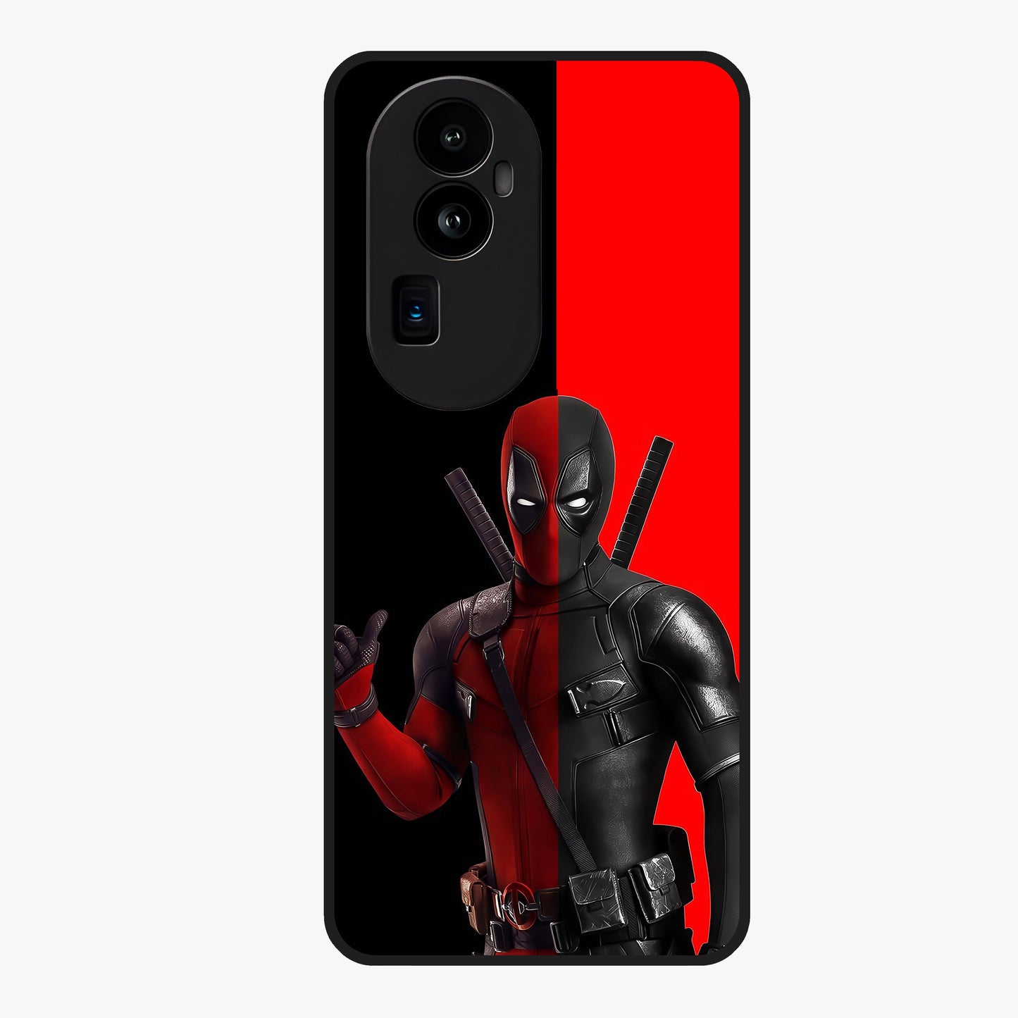 Red & Black Deadpool Theme Glass Case showing flat back view with bold comic inspired artwork and glossy glass finish.