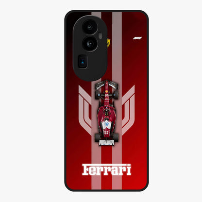 Red Ferrari F1 Vertical Glass Case showing flat back view with sleek Formula racing car artwork and glossy glass finish.