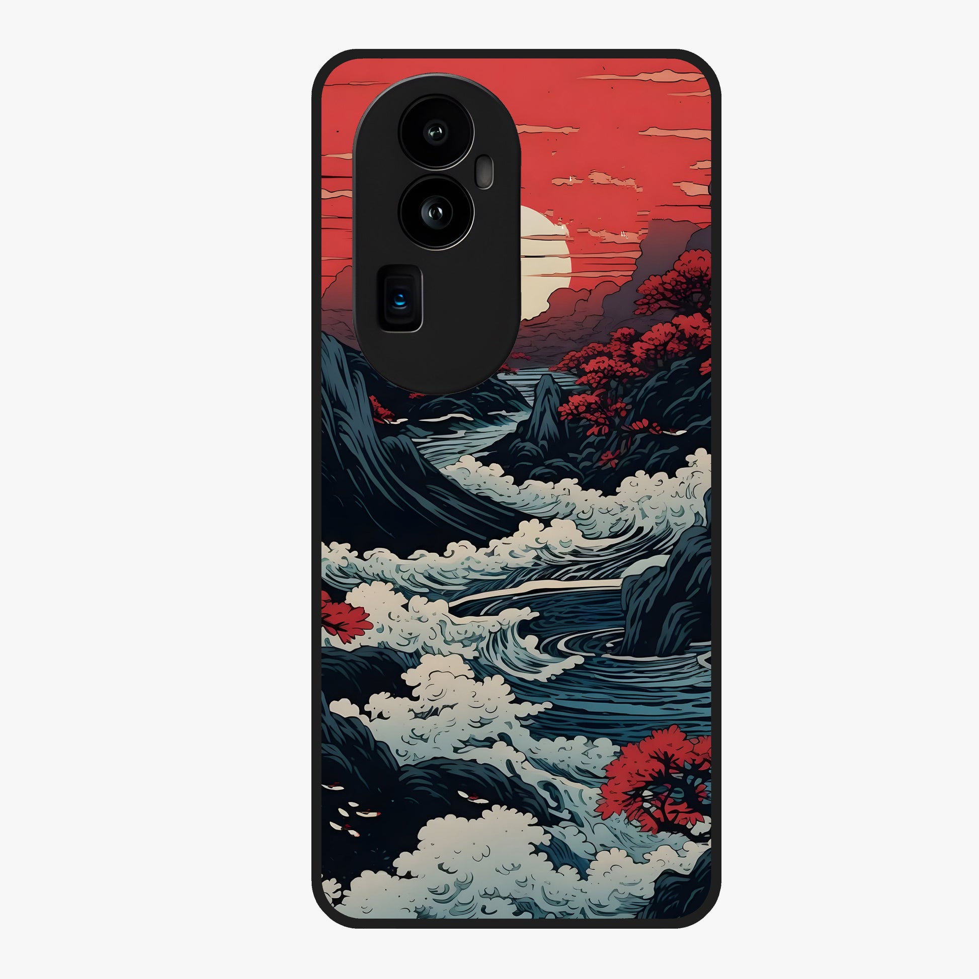 Red Sunset Scenery Glass Case showing flat back view with vibrant sunset landscape artwork and glossy glass finish.