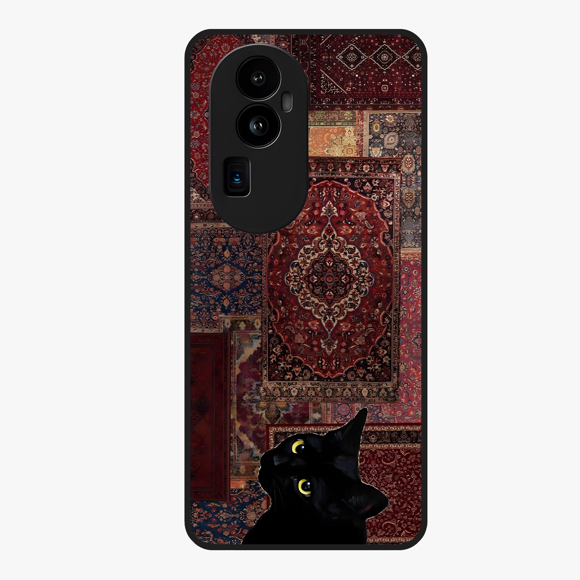 Regal Magic Cat Apple Glass Case showing flat back view with magical cat artwork holding apple and glossy glass finish.