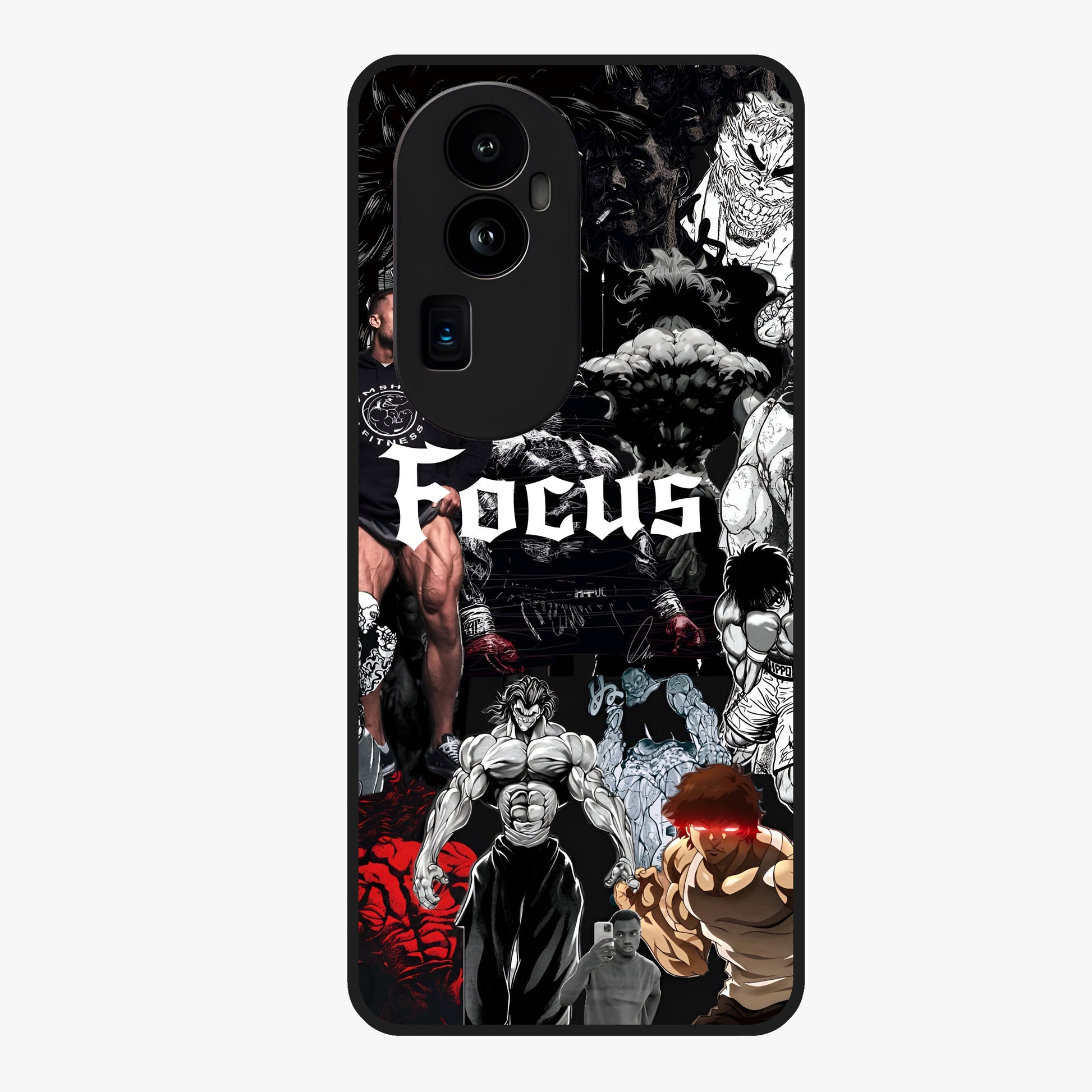 Relentless Power Focus Glass Case showing flat back view with motivational typography artwork and glossy glass finish.