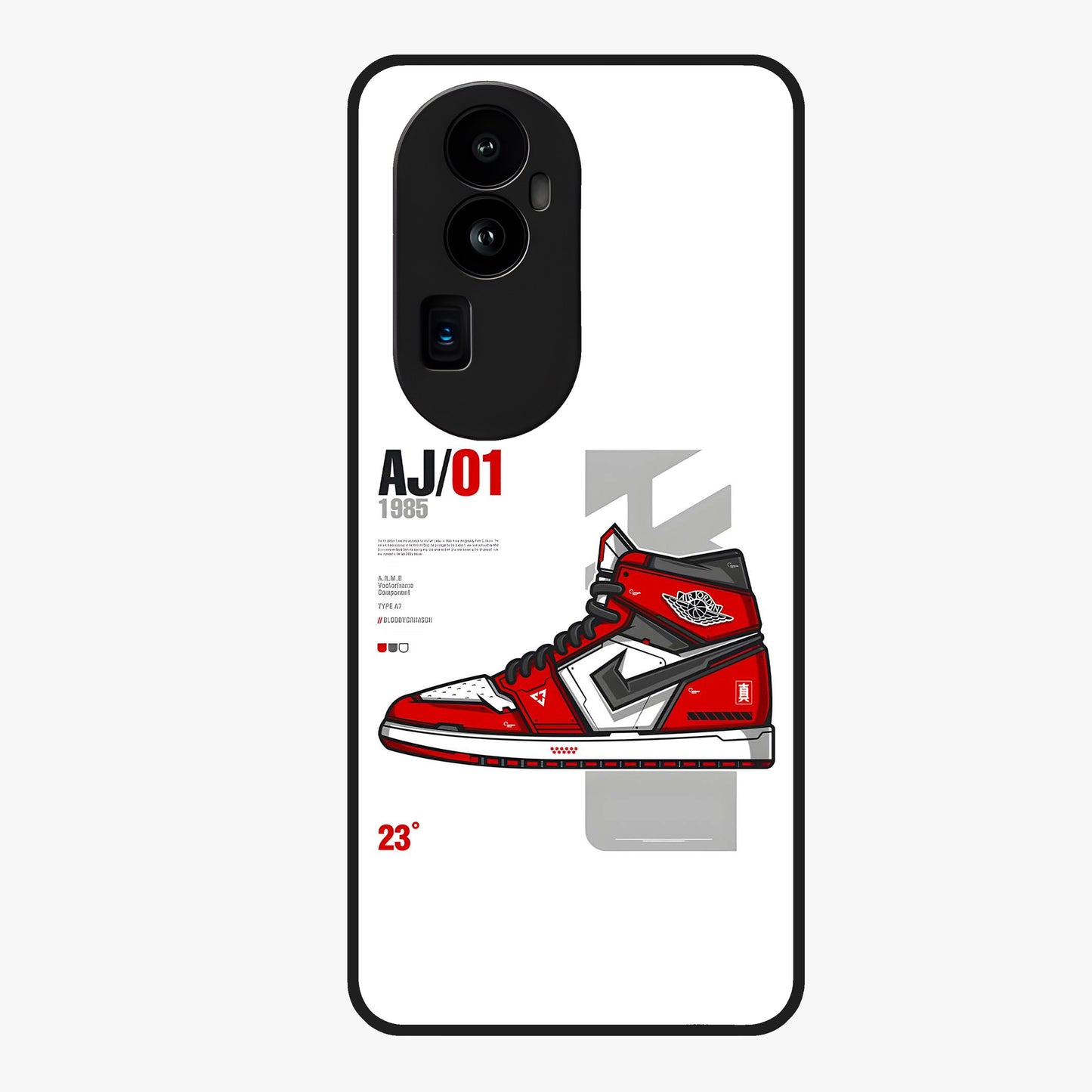 Retro Sneaker Blueprint Glass Case showing flat back view with sneaker blueprint style artwork and glossy glass finish.
