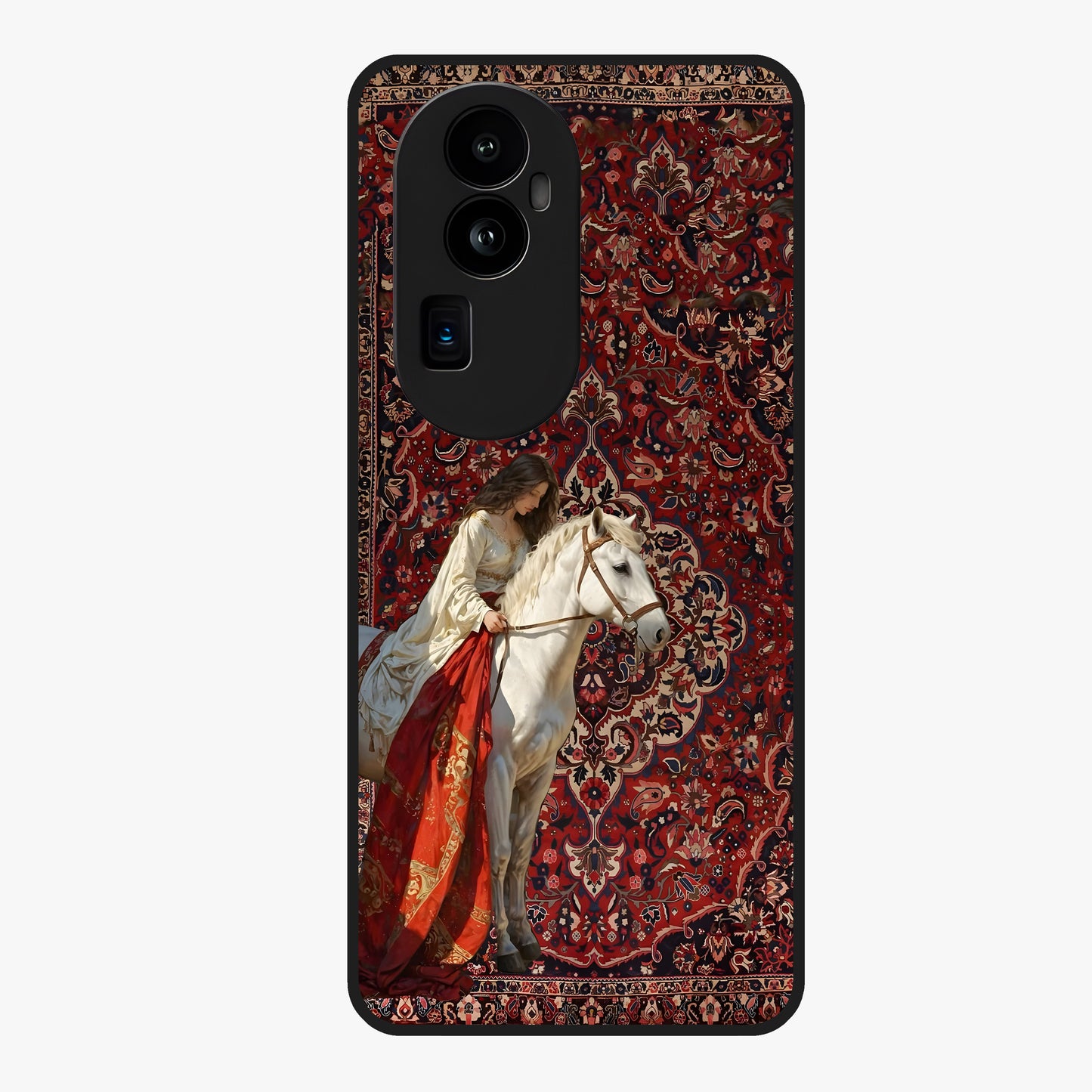 Royal Rider Tapestry Glass Case showing flat back view with majestic horse rider tapestry artwork and glossy glass finish.