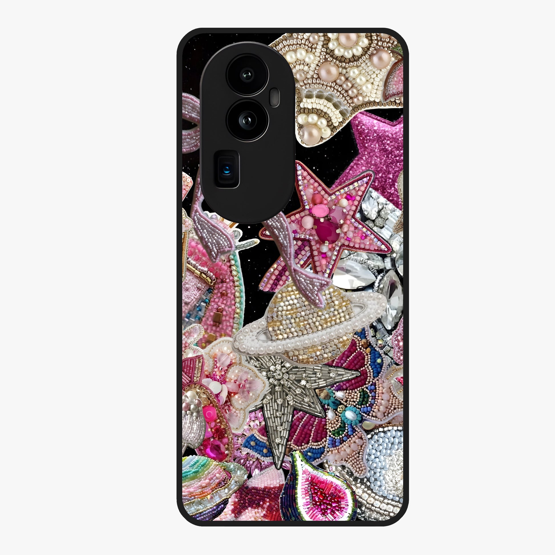 Starlit Jewel Dream Glass Case showing flat back view with sparkling jewel and star themed artwork and glossy glass finish.