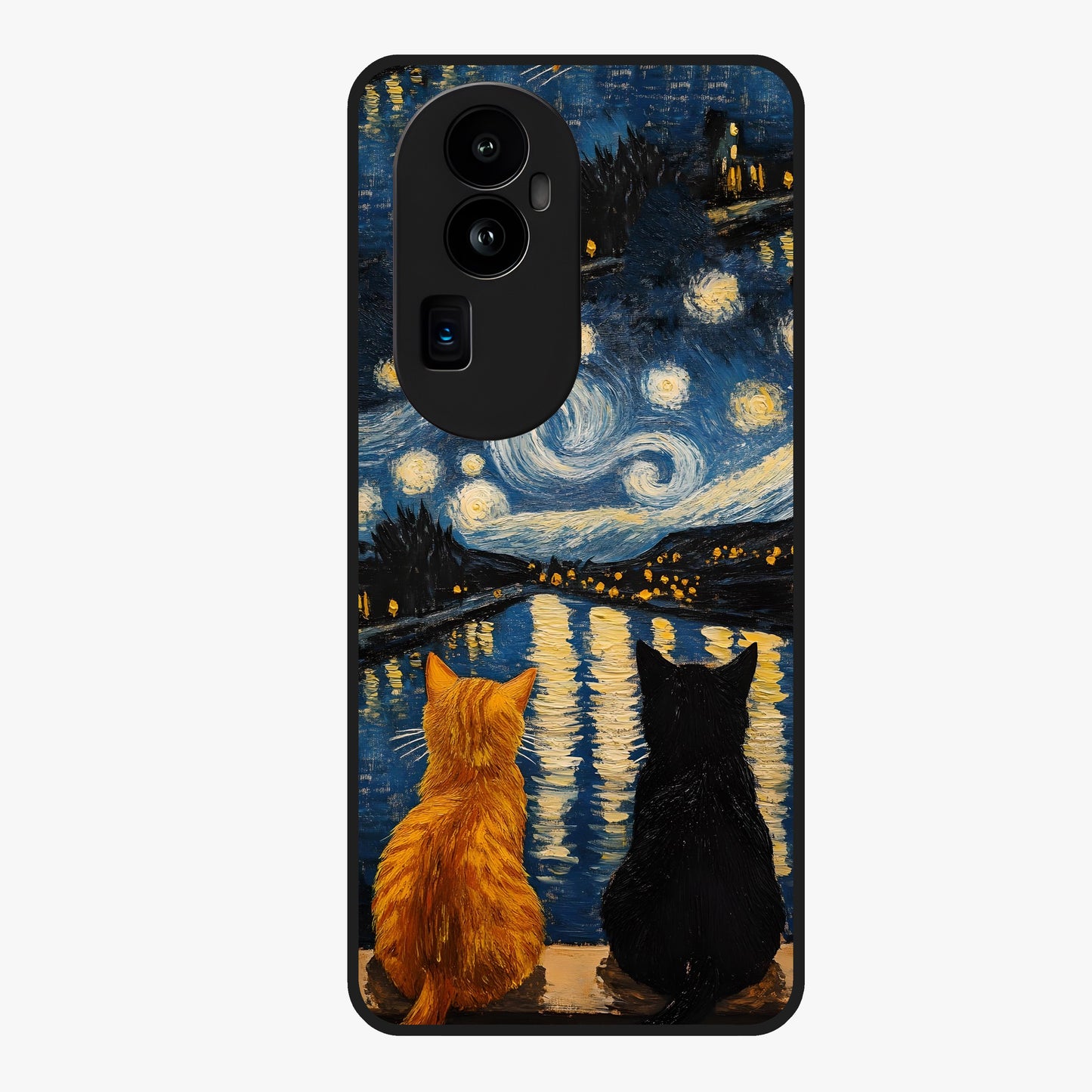 Starry River Cats Glass Case showing flat back view with cats by a starry river artwork and glossy glass finish.