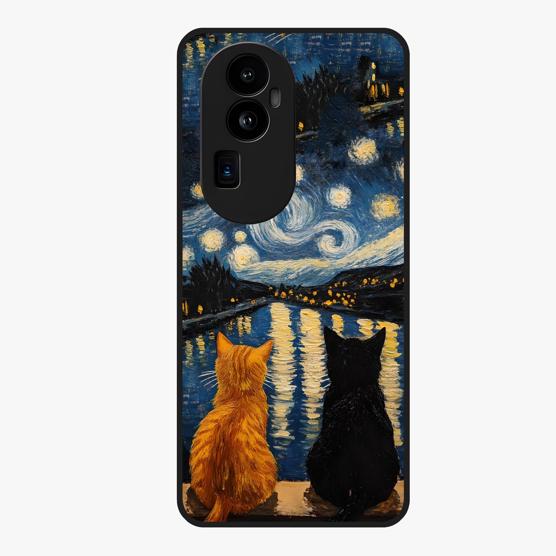 Starry River Cats Glass Case showing flat back view with cats by a starry river artwork and glossy glass finish.