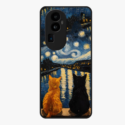 Starry River Cats Glass Case showing flat back view with cats by a starry river artwork and glossy glass finish.
