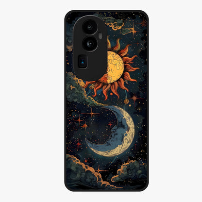 Sun And Moon Magic Design Glass Case showing flat back view with mystical sun and moon artwork and glossy glass finish.