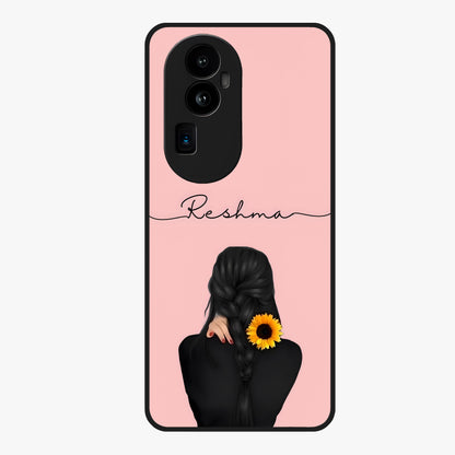 Sunflower Braid Beauty With Custom Name Glass Case showing flat back view with sunflower braid artwork and personalized name design.