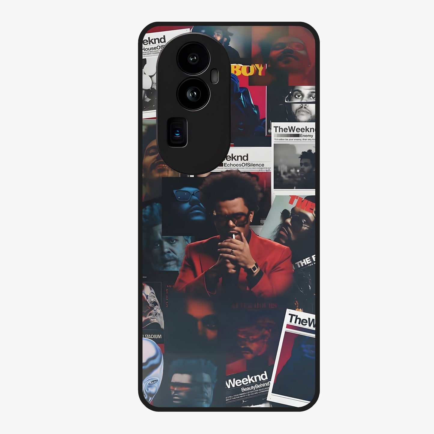 The Weeknd Glass Case showing flat back view with music inspired artistic portrait artwork and glossy glass finish.