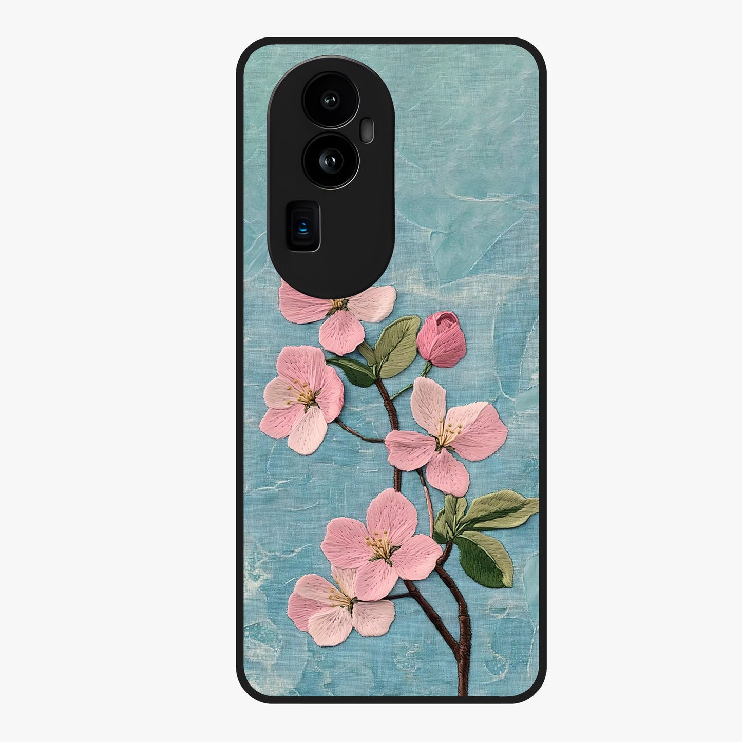 Threaded Blossom Breeze Glass Case showing flat back view with delicate blossom artwork and glossy glass finish.