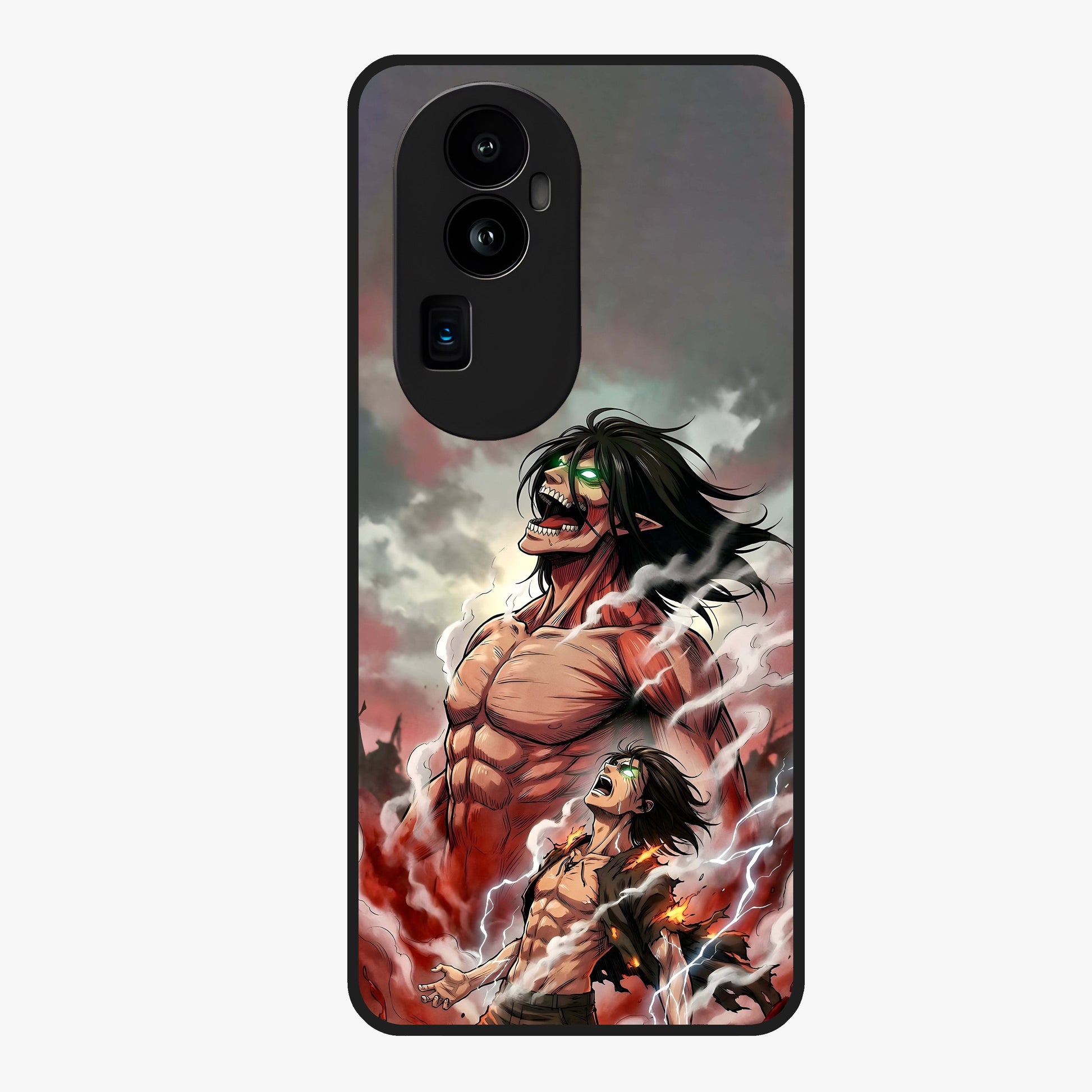 Titan Awakening Fury Glass Case showing flat back view with powerful titan inspired artwork and glossy glass finish.