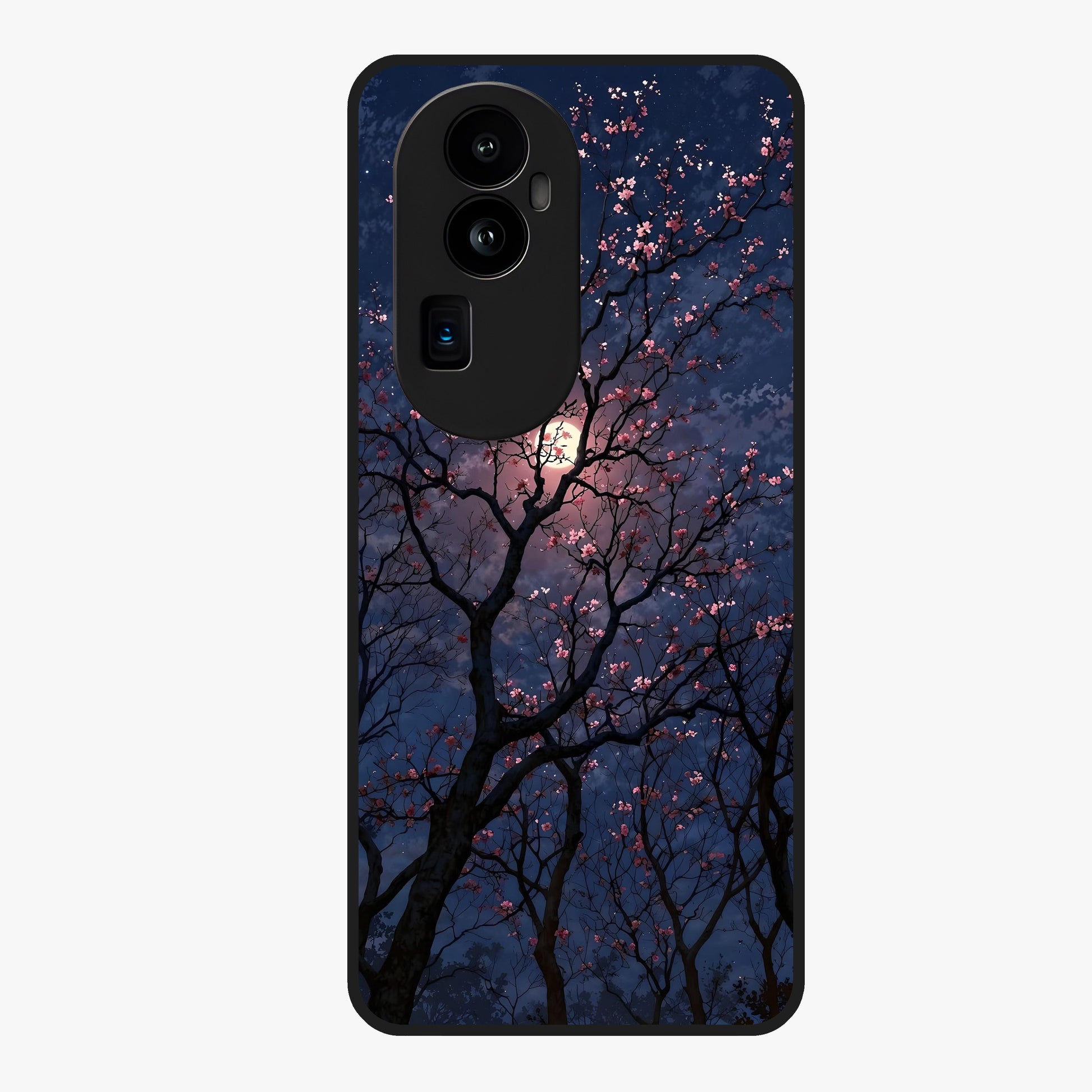 Twilight Sakura Serenade Glass Case showing flat back view with cherry blossom artwork at twilight and glossy glass finish.