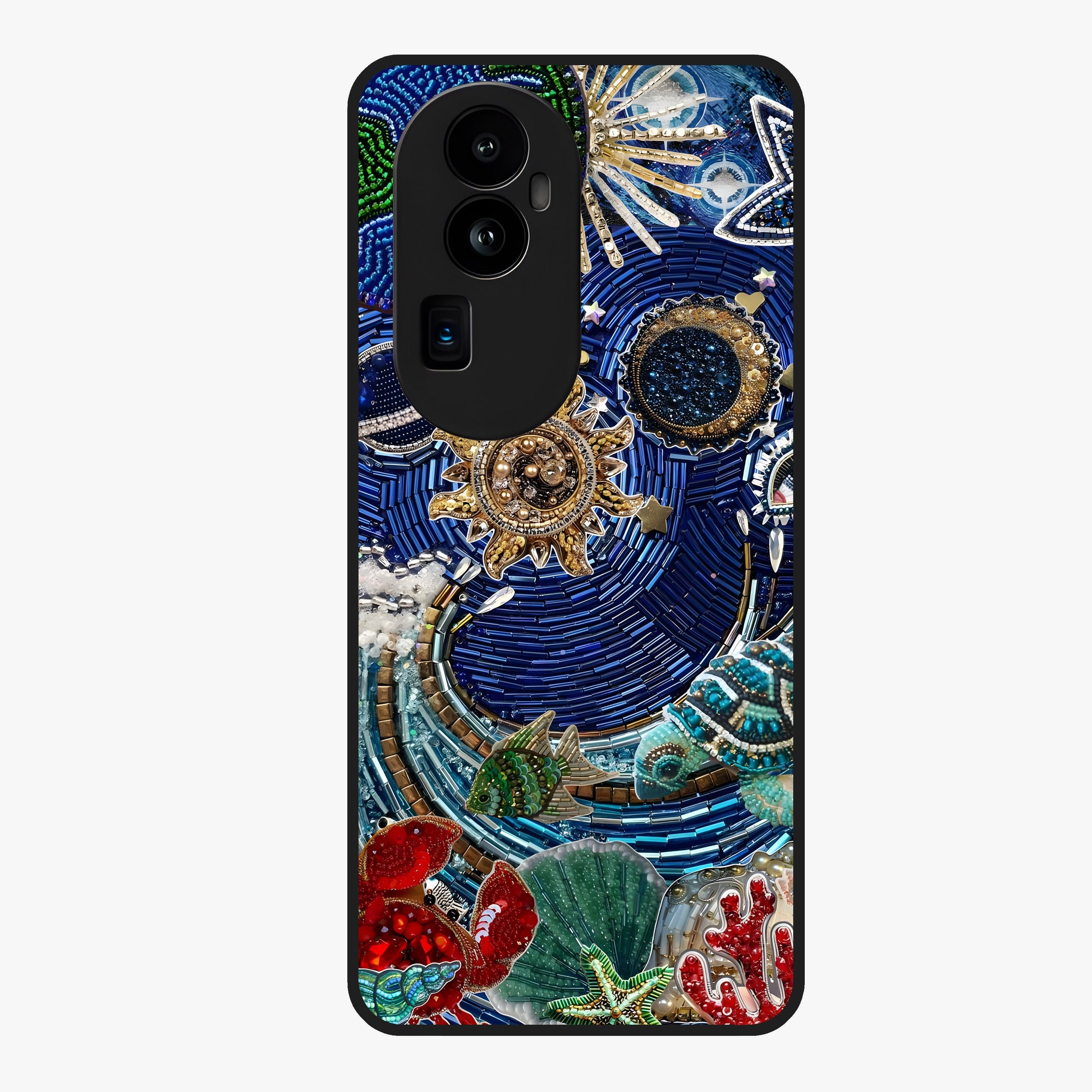 Universe Underwater Spark Glass Case showing flat back view with cosmic underwater themed artwork and glossy glass finish.