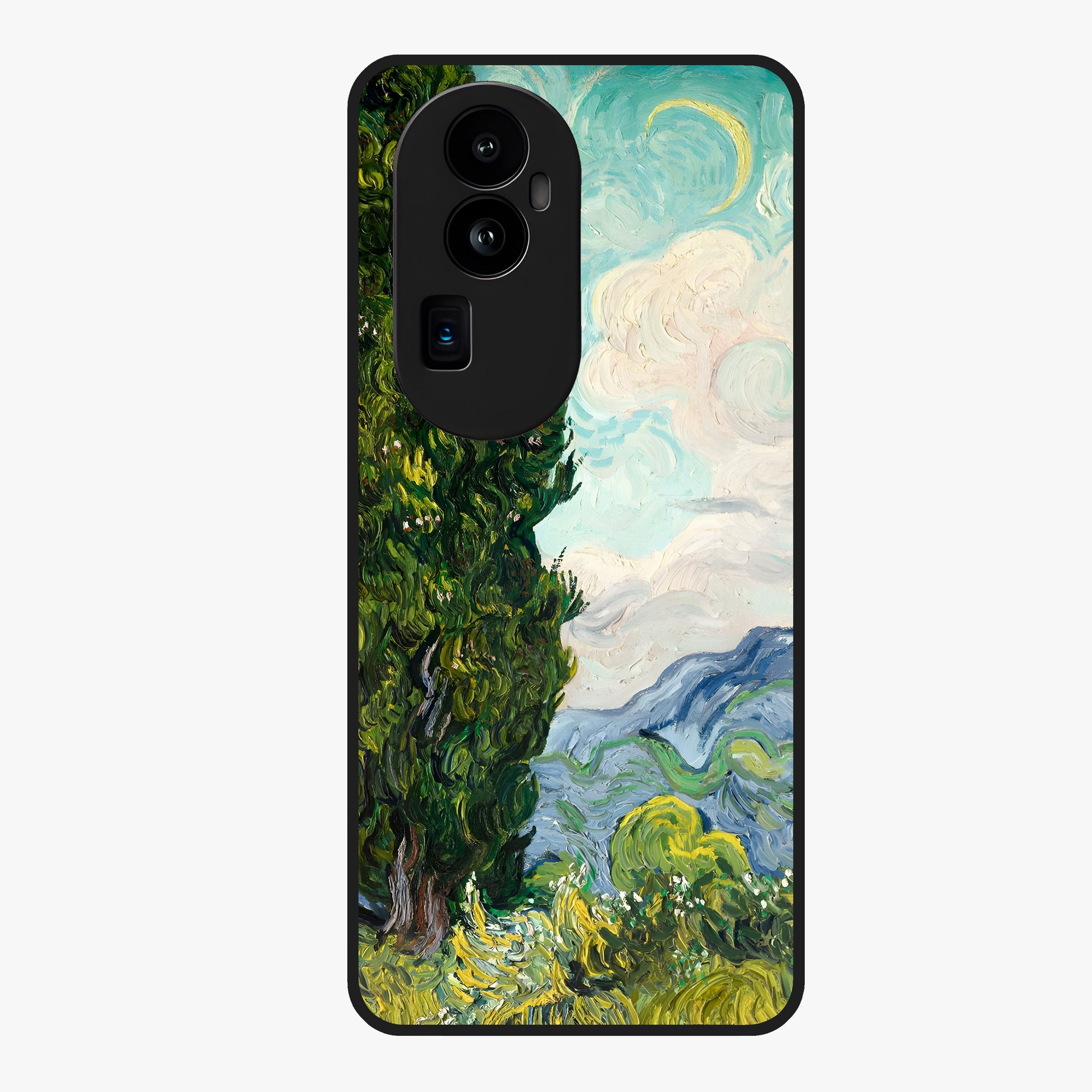 Van Gogh Vintage Art Glass Case showing flat back view with vintage painterly artwork inspired by Van Gogh style and glossy glass finish.
