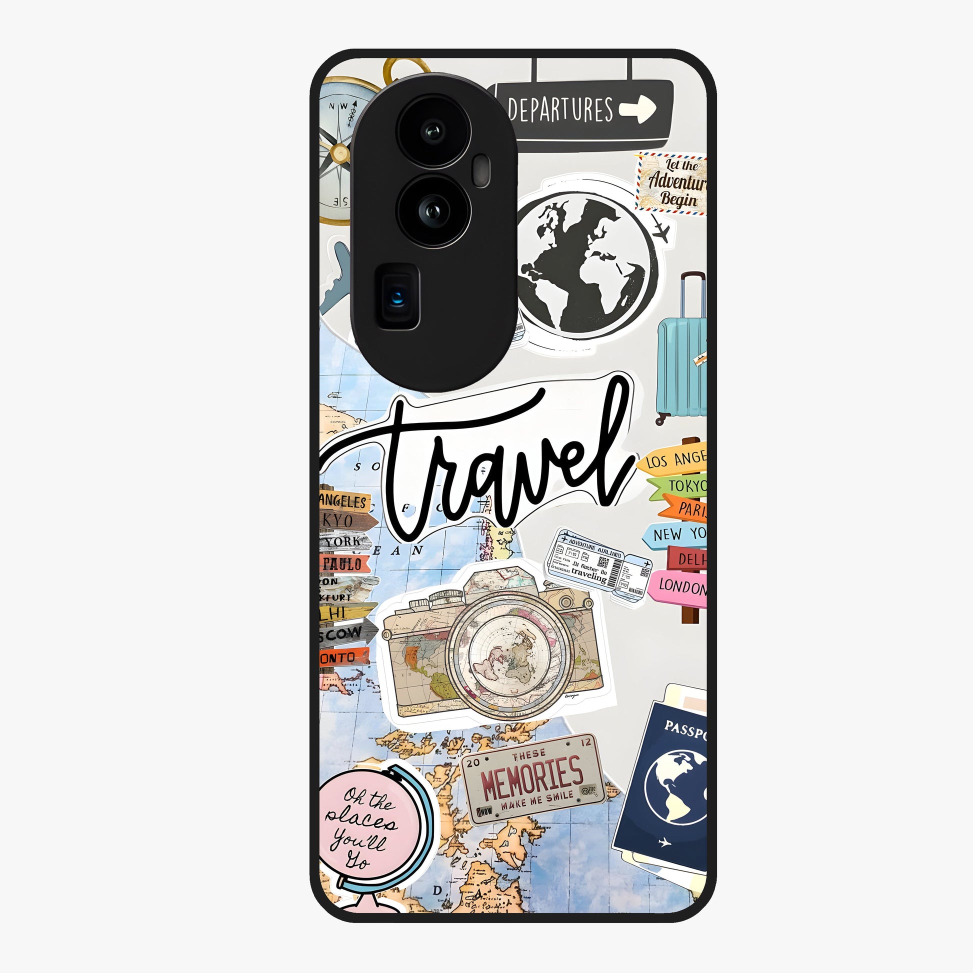 Wanderlust Journal Glass Case showing flat back view with travel inspired artwork and glossy glass finish.