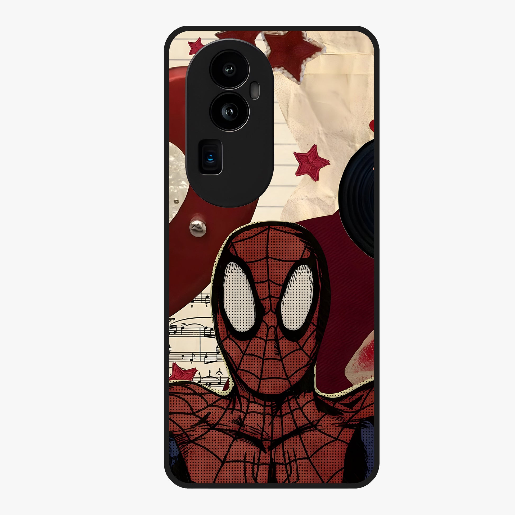 Web Warrior Vibes Glass Case showing flat back view with superhero inspired web themed artwork and glossy glass finish.