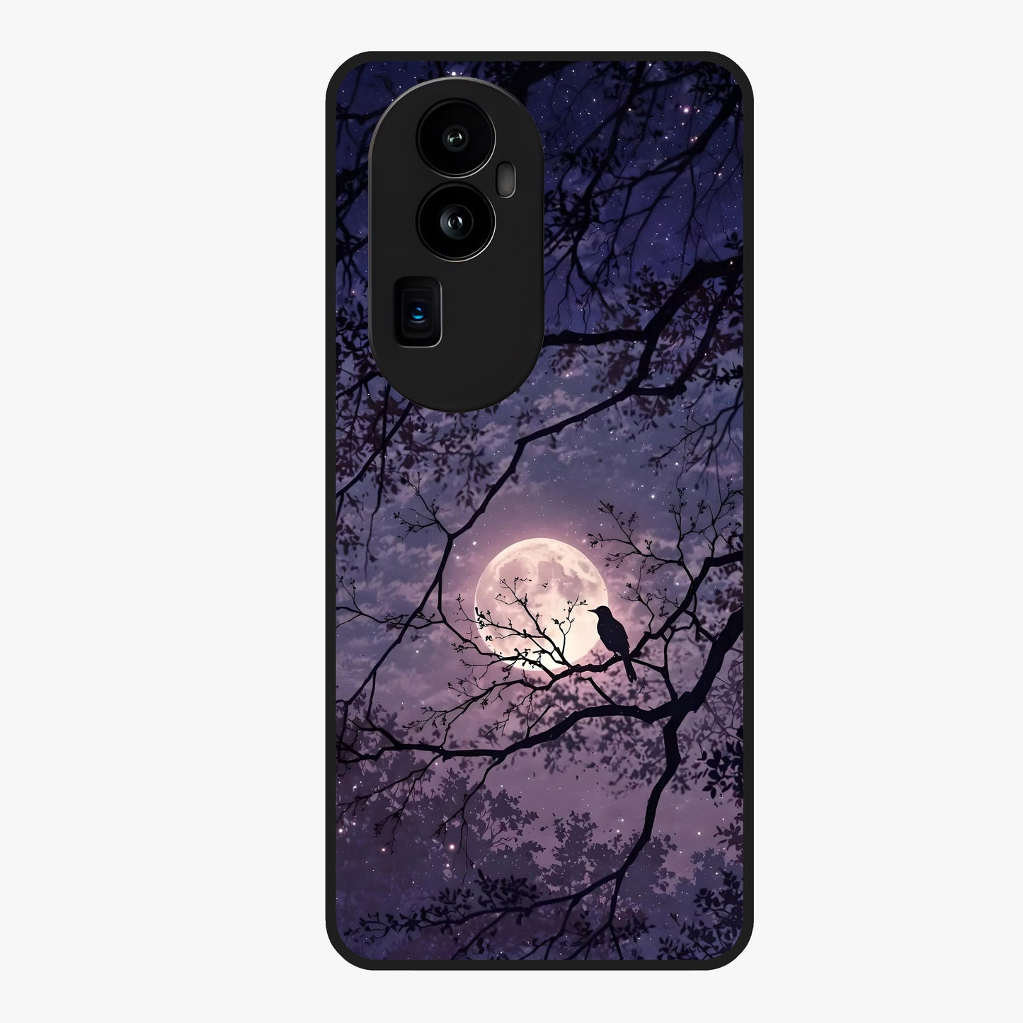 Whispering Moon Silence Glass Case showing flat back view with serene moon themed artwork and glossy glass finish.