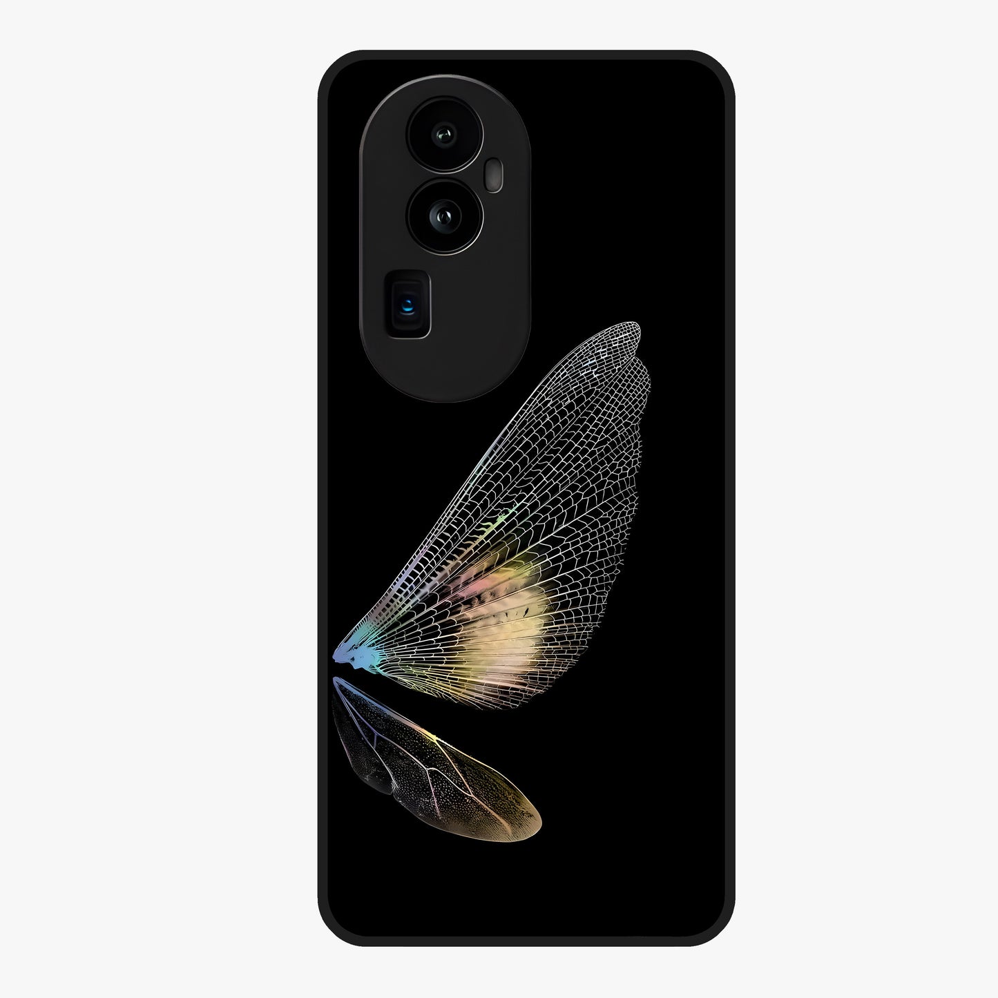 Whispers Of Wings Glass Case showing flat back view with graceful wing inspired artwork and glossy glass finish.