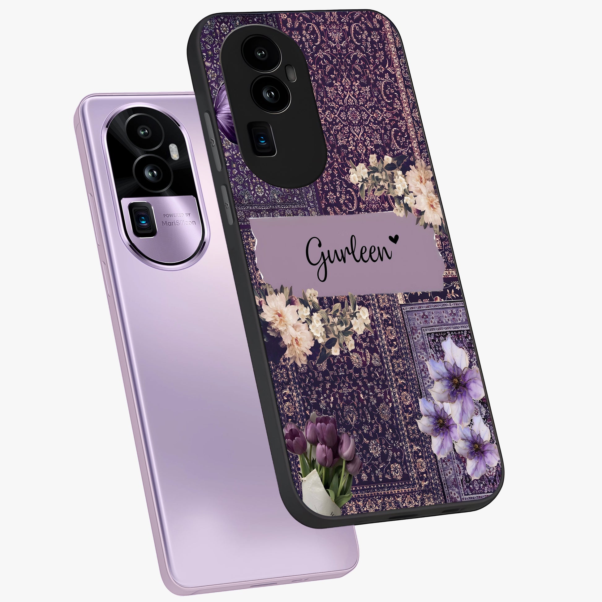 Antique Floral Whisper Custom Name Glass Case displayed in angled mockup highlighting elegant antique floral aesthetic.