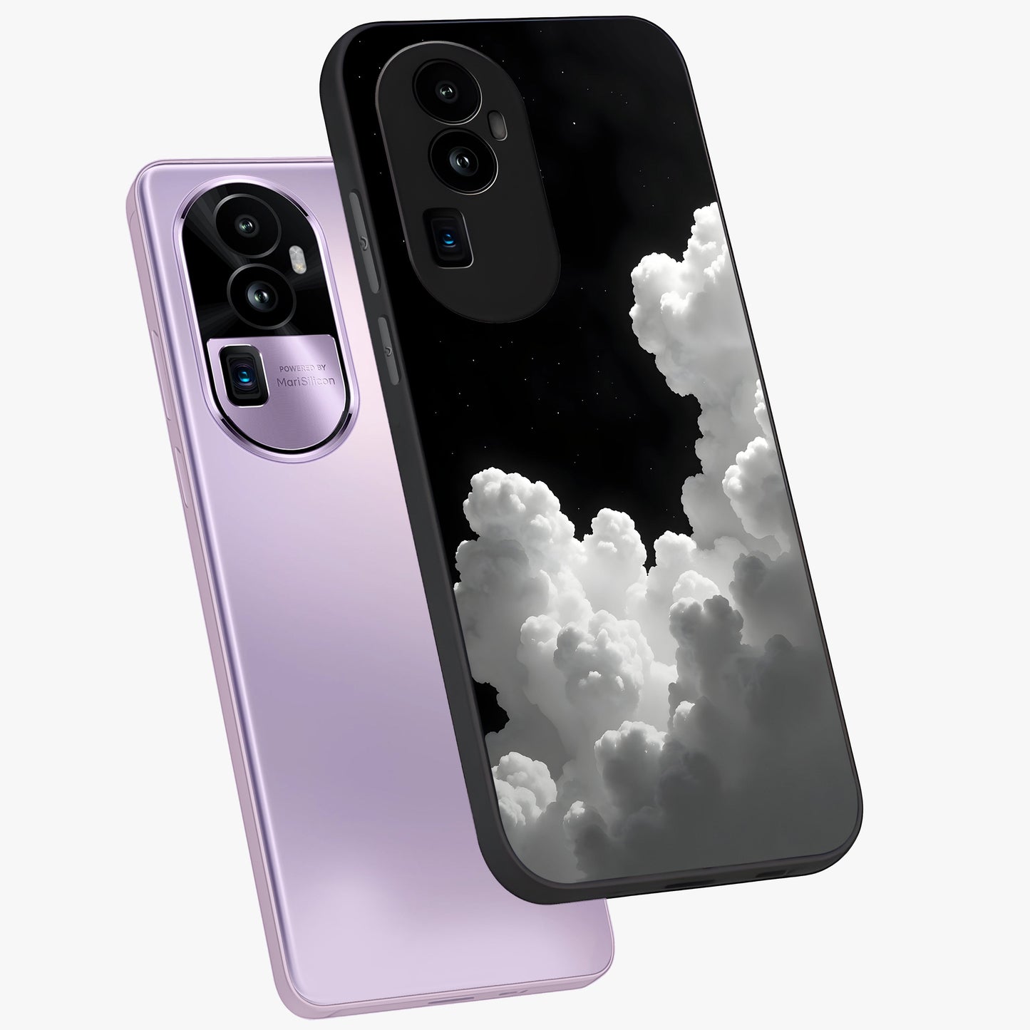 Black Background With White Cloud Glass Case displayed in angled mockup highlighting soft white cloud illustration and minimal design.