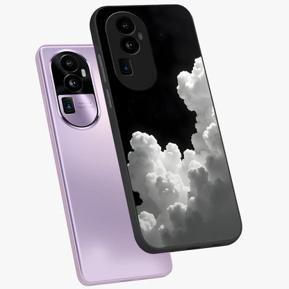 Black Background With White Cloud Glass Case displayed in angled mockup highlighting soft white cloud illustration and minimal design.