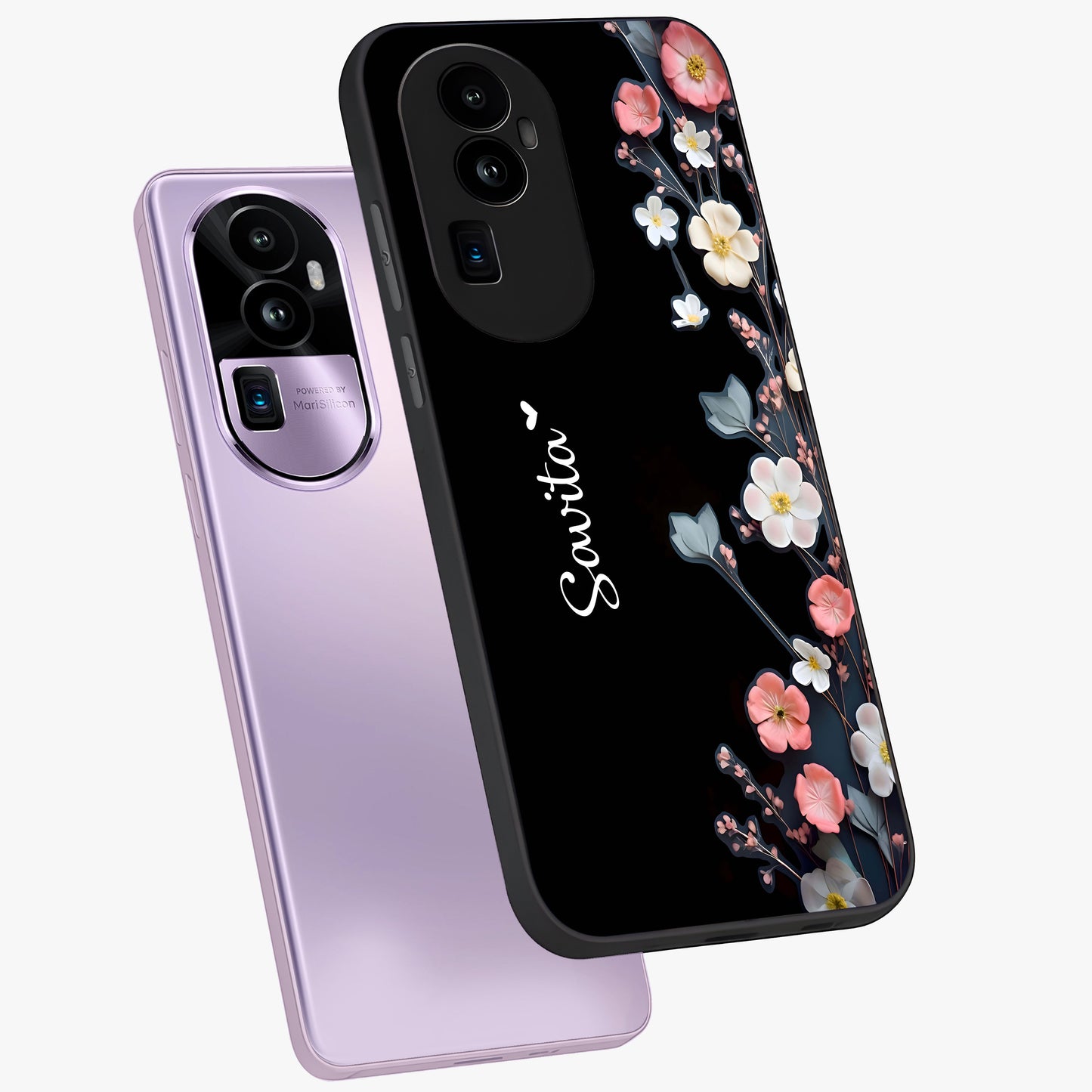Black Elegance Floral Custom Name Glass Case displayed in angled mockup highlighting dark floral aesthetic and custom name feature.